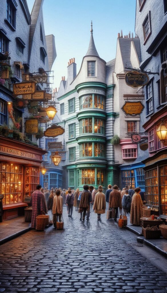 A bustling scene of Diagon Alley, showcasing shops like Ollivanders, Weasleys' Wizard Wheezes, and Gringotts with magical shoppers (1)