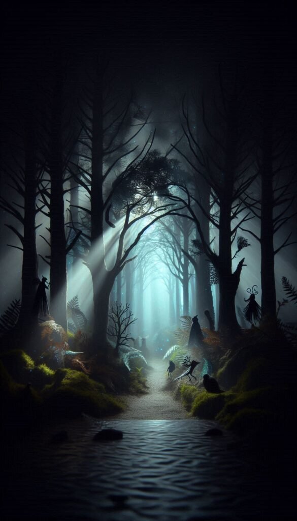 A moody depiction of the Forbidden Forest, with shadows, magical creatures peeking through the trees, and an ethereal glow (1)