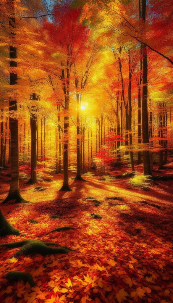 Autumn Splendor A vibrant forest in full autumn colors, with golden, orange, and red leaves carpeting the ground and a soft sunlight filtering through (1)