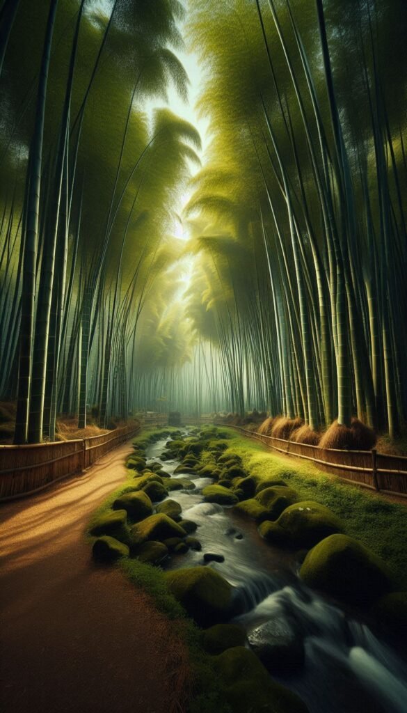 Bamboo Grove A tranquil scene featuring tall bamboo stalks swaying gently in the breeze, with a small stream flowing through (1)