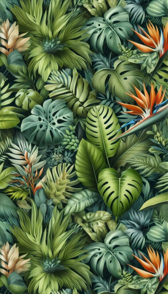 Botanical Bliss Design a repeating pattern of vibrant green leaves and exotic plants, showcasing a variety of shapes and textures (1)