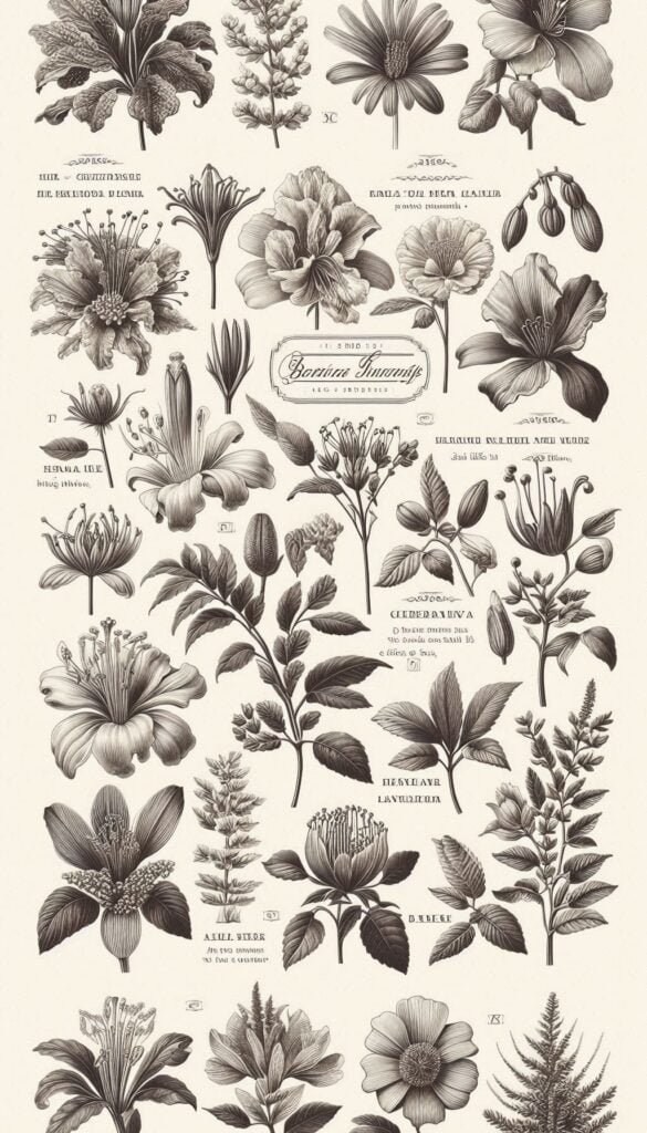 Botanical Illustration Hand-drawn botanical illustrations of various flowers, with labels in a classic, elegant font (1)