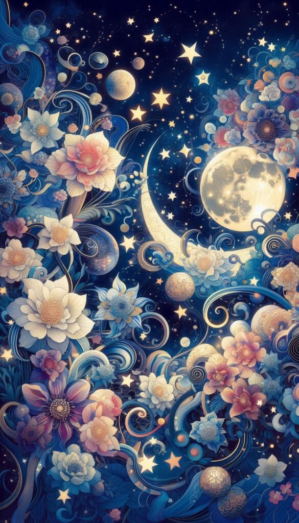 Celestial Garden Flowers intertwined with celestial elements like stars and moons, creating a dreamy night-time garden scene (1)