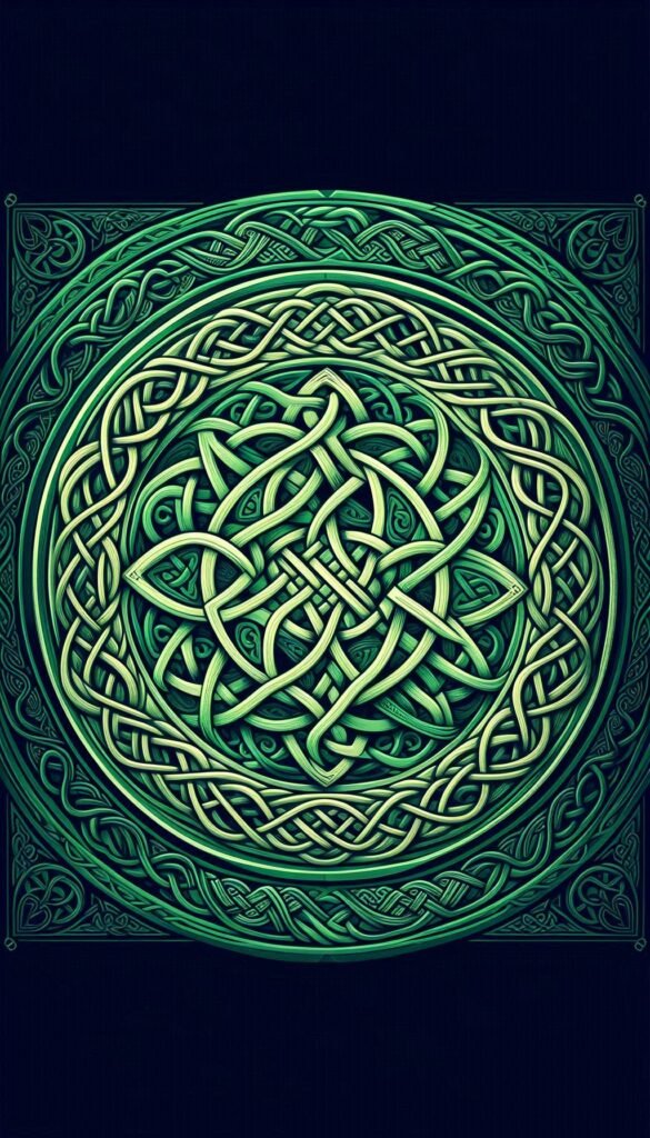 Celtic Knotwork Generate intricate Celtic knot designs in various green tones, set against a rich emerald backdrop (1)