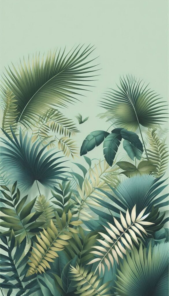 Design a tropical-themed wallpaper featuring palm leaves and ferns against a soft green background (1)