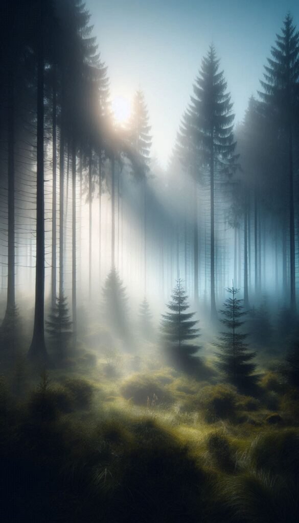 Foggy Morning A serene forest shrouded in mist, with tall trees disappearing into the fog and soft rays of sunlight breaking through (1)