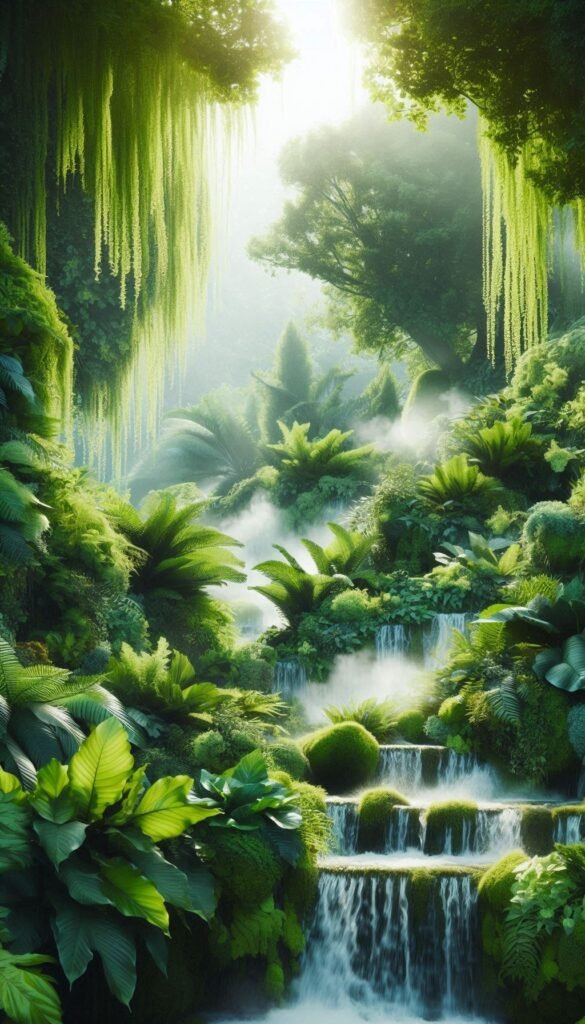 Foliage Fantasy Create a dreamy landscape of layered green foliage, incorporating elements like waterfalls or mist for a mystical feel (1)