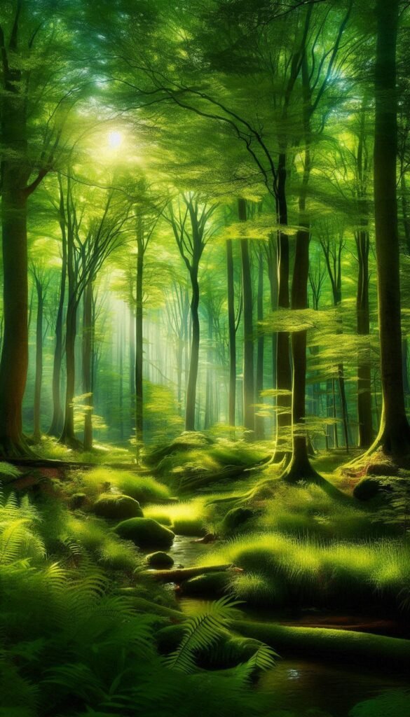 Forest Retreat Create a lush green wallpaper featuring a serene forest scene, with dappled sunlight filtering through the trees (1)