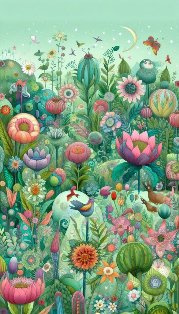 Garden Dreams Illustrate a whimsical garden filled with oversized flowers and playful critters, all in various shades of green (1)