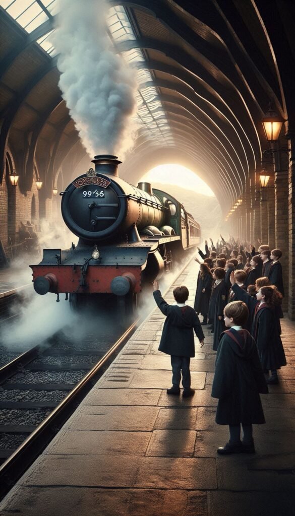 Hogwarts Express A nostalgic image of the Hogwarts Express steaming away from Platform 9¾, with students waving goodbye (1)