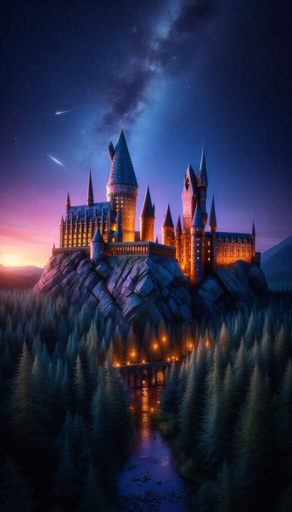 Hogwarts at Twilight A stunning view of Hogwarts Castle illuminated against a starry sky, with the Forbidden Forest in the foreground (1)