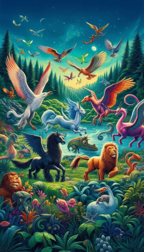 Magical Creatures A colorful illustration featuring various magical creatures from the Wizarding World, like Hippogriffs, Nifflers, and Thestrals in a lush landscape (1)