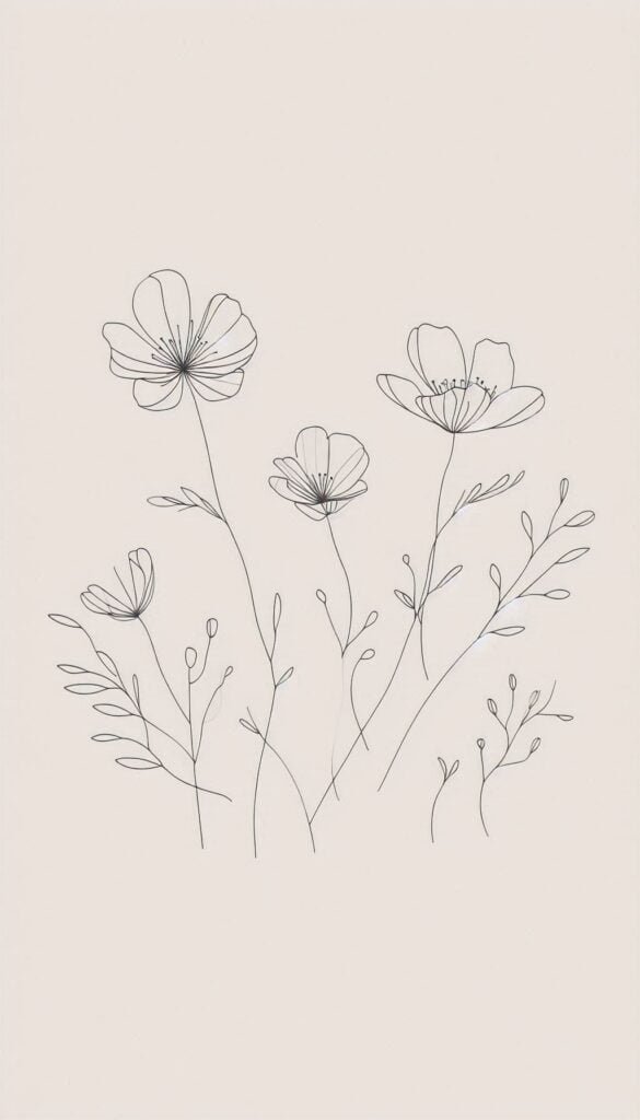 Minimalist Blooms Simple line art of flowers on a soft, muted background, focusing on elegance and tranquility (1)