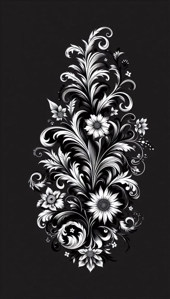 Monochrome Elegance Black and white floral silhouettes with intricate details, set against a solid color backdrop (1)