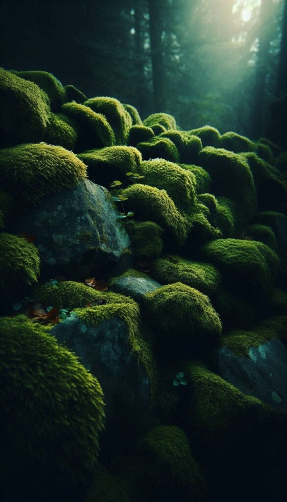 Mossy Textures Illustrate a close-up of moss-covered stones, with deep greens and hints of light filtering through for depth (1)