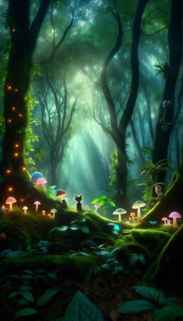 Mystical Enchanted Forest A dense forest illuminated by ethereal light, with glowing mushrooms and whimsical creatures peeking through the foliage 1