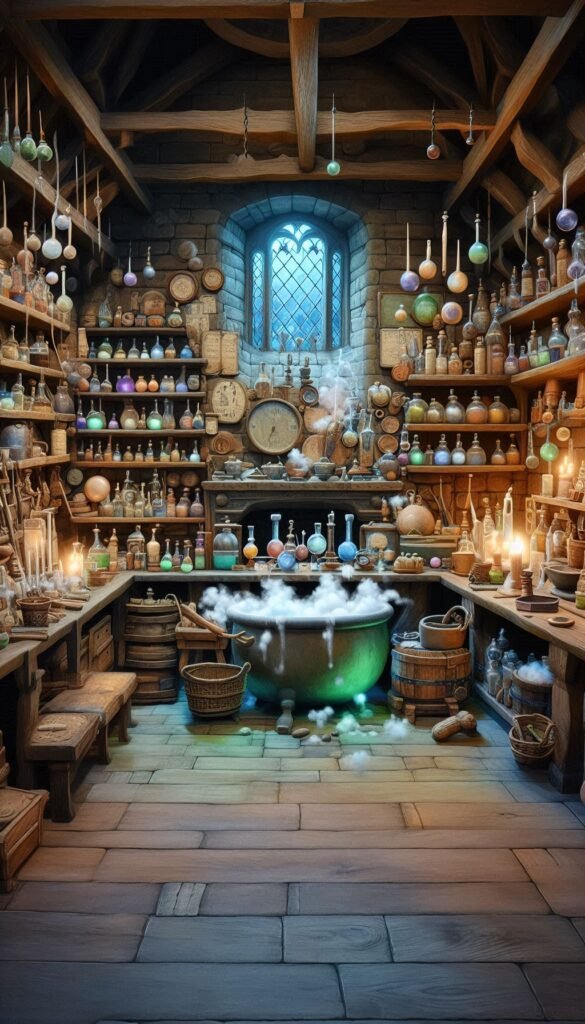 Potions Classroom A whimsical depiction of Professor Snape’s Potions classroom, with bubbling potions, shelves of ingredients, and spell books scattered about (1)