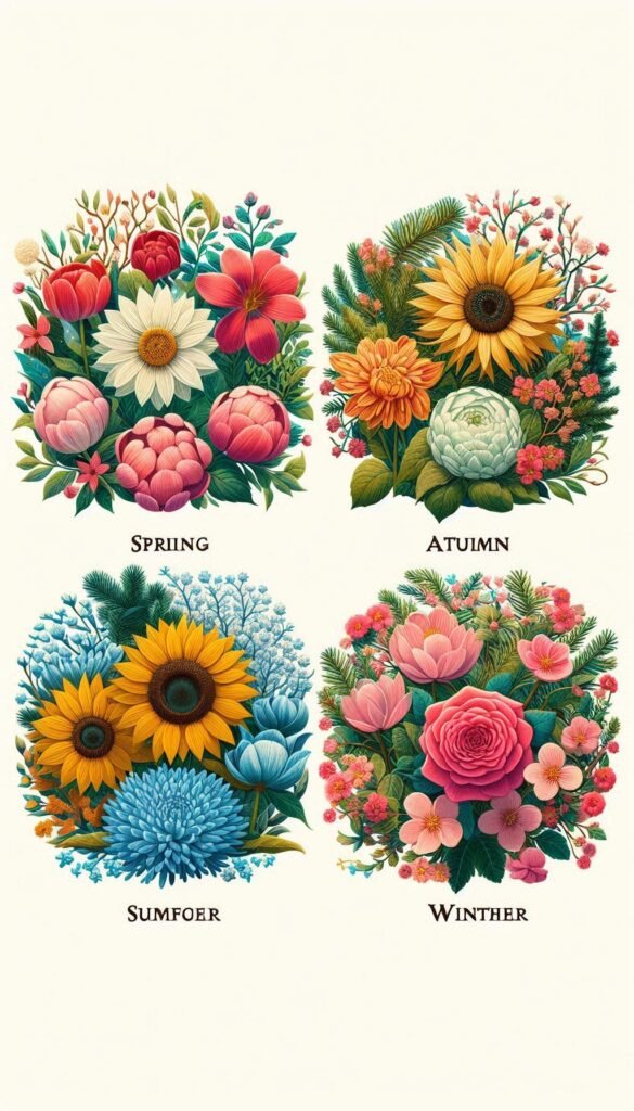 Seasonal Blooms A collage of flowers representing the four seasons, showcasing spring tulips, summer sunflowers, autumn chrysanthemums, and winter evergreens (1)