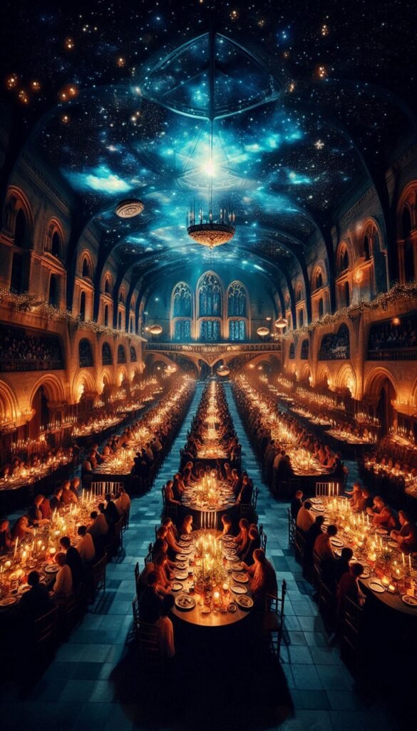 The Great Hall An enchanting view of the Great Hall during a feast, with floating candles and the enchanted ceiling reflecting the night sky (1)