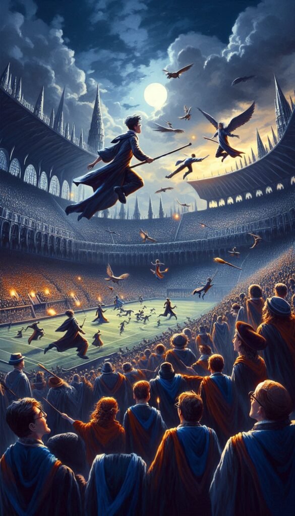 The Quidditch Match A dynamic scene of a Quidditch match in action, with players soaring on broomsticks and the stands filled with cheering fans (1)