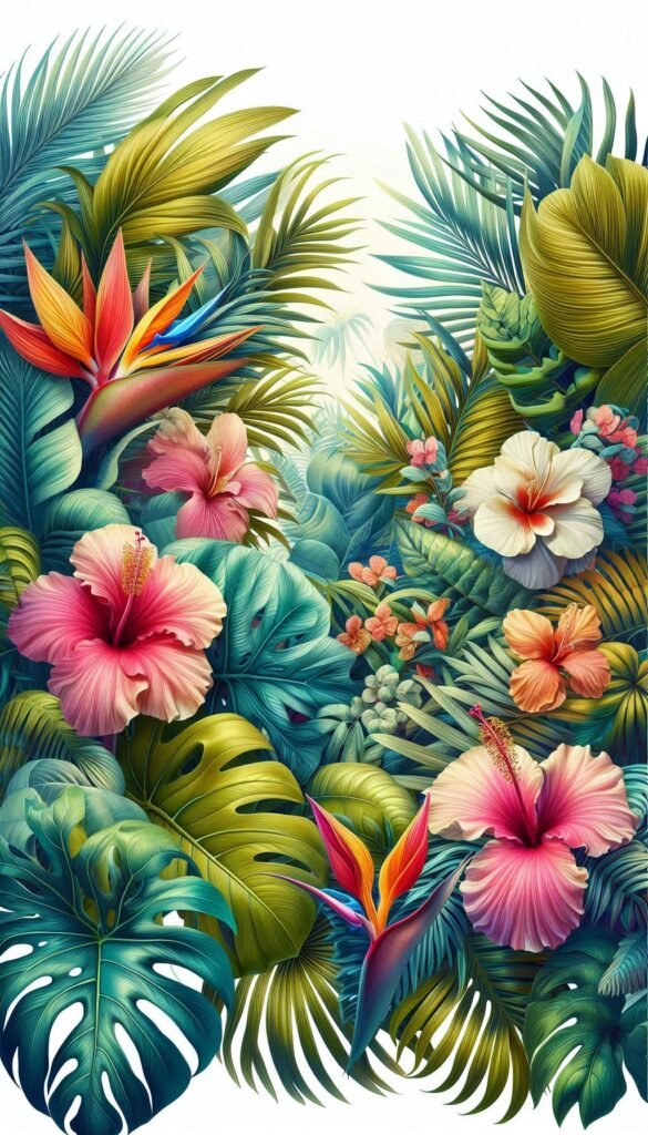 Tropical Paradise Lush, oversized tropical leaves and exotic flowers like hibiscus and orchids, bursting with color (1)