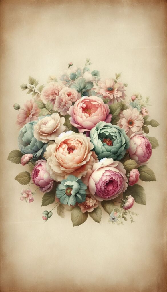 Vintage Floral Soft pastel roses and peonies arranged in a vintage style, with a subtle textured background (1)