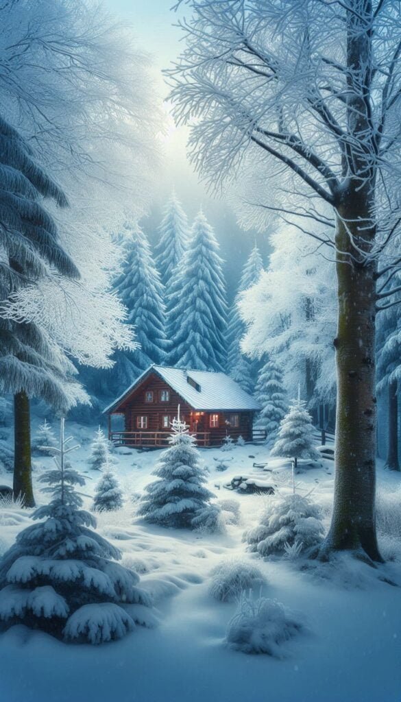 Winter Wonderland A snowy forest scene with frost-covered trees, a gentle snowfall, and a cozy cabin nestled among the pines (1)