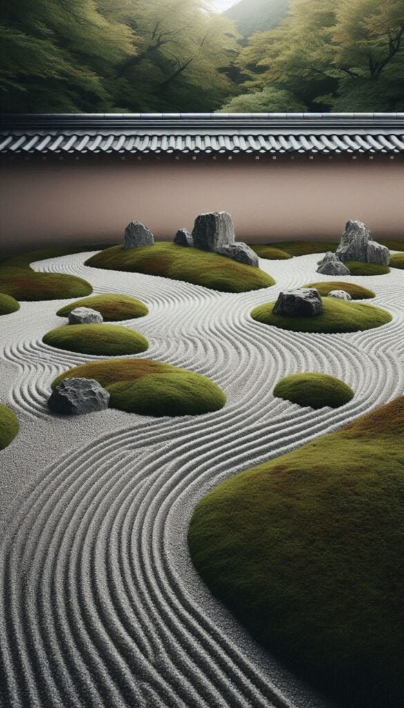 Zen Garden Create a minimalist wallpaper inspired by Japanese Zen gardens, with raked gravel patterns and subtle green moss accents (1)